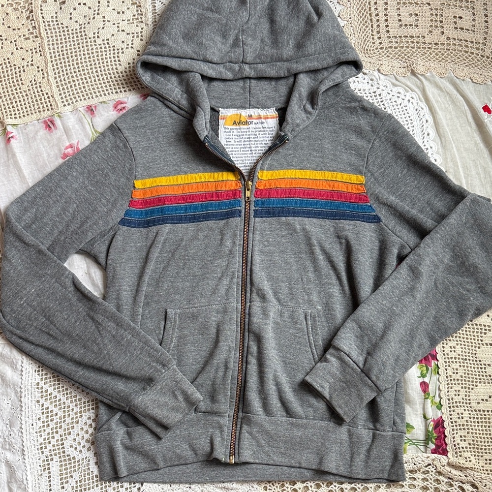 Aviator Nation Gray Pullover with Rainbow Stitch Stripe